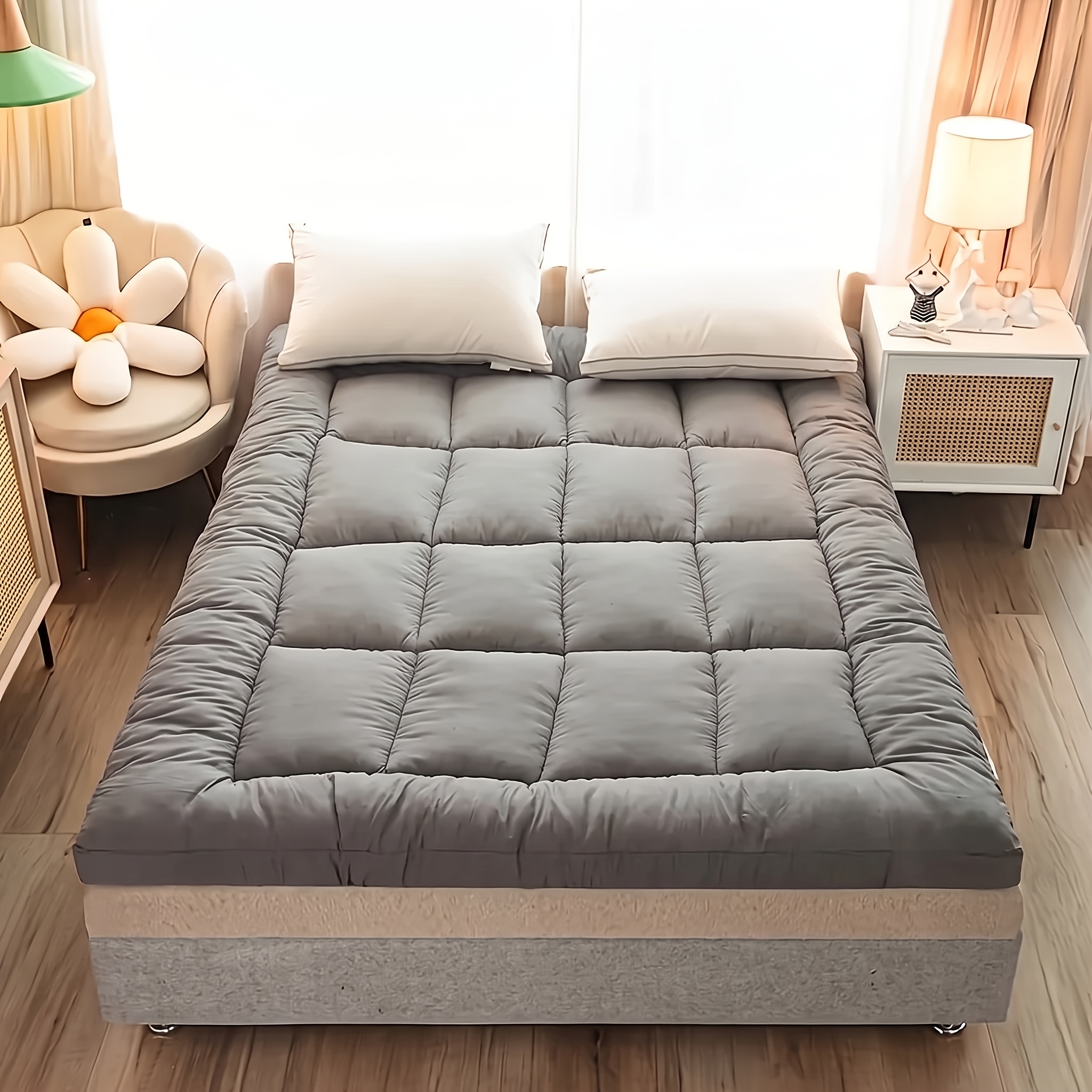 4-inch Microfibre Mattress Topper, Mattress Pad, Soft Bed Topper With Elastic Straps For , Machine Washable, Ideal For Dorm, Home