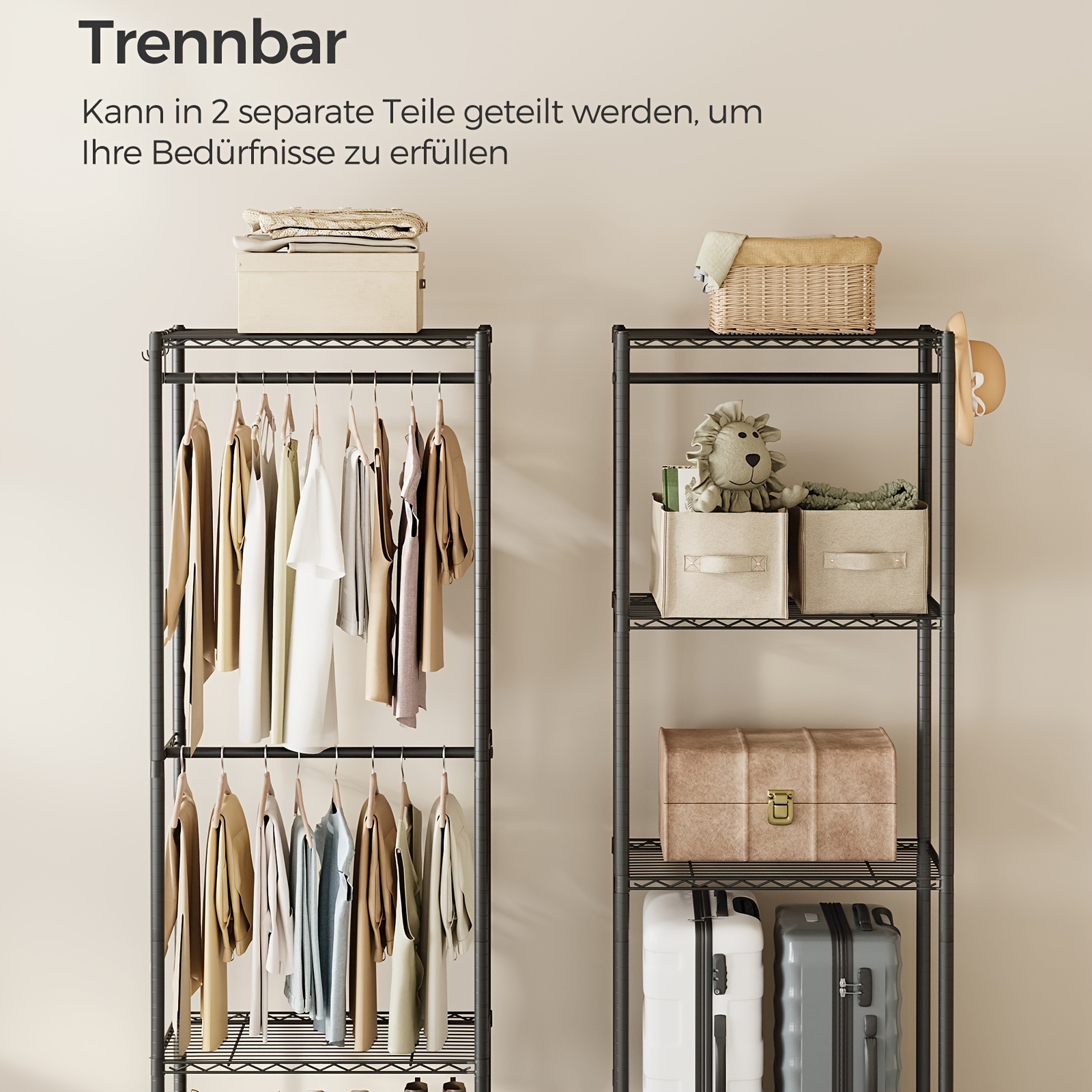 Image of Clothes Rack, Open Wardrobe For Bedroom, Metal Clothes Rails With Adjustable Storage Shelves And Hanging Rails, Hooks, Heavy-duty Clothing Storage, Dividable