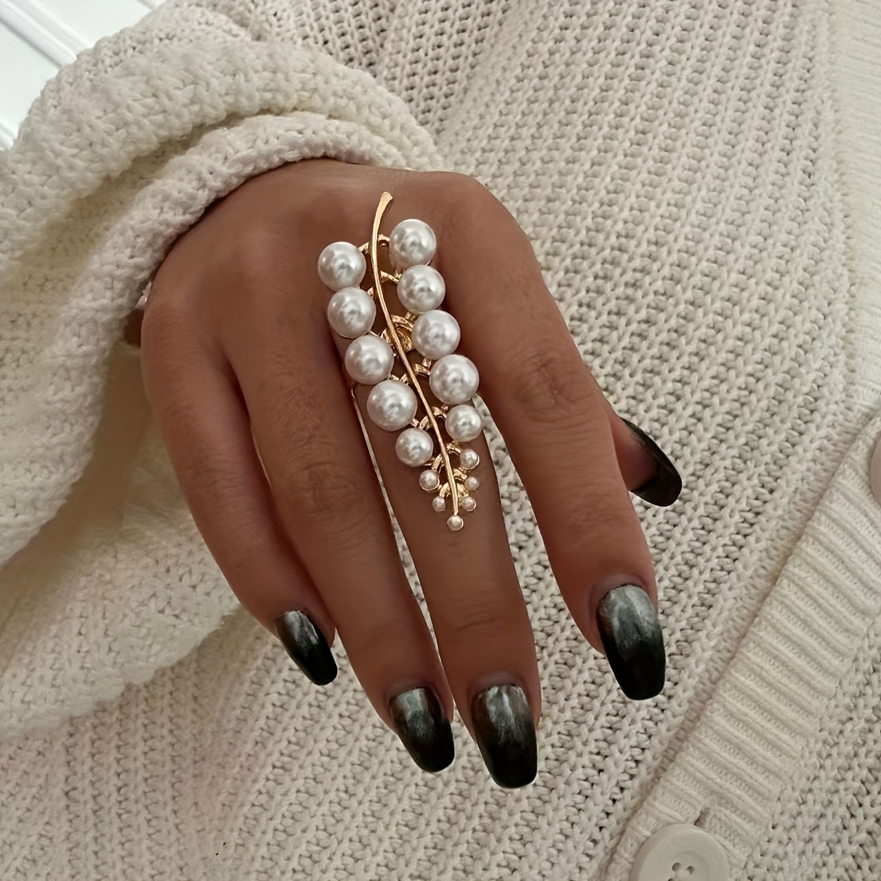 Elegant Long Imitation Pearl Leaf Ring - Golden-Toned Alloy with Imitation Imitation Pearl, Stylish Everyday & Party Jewelry for Women