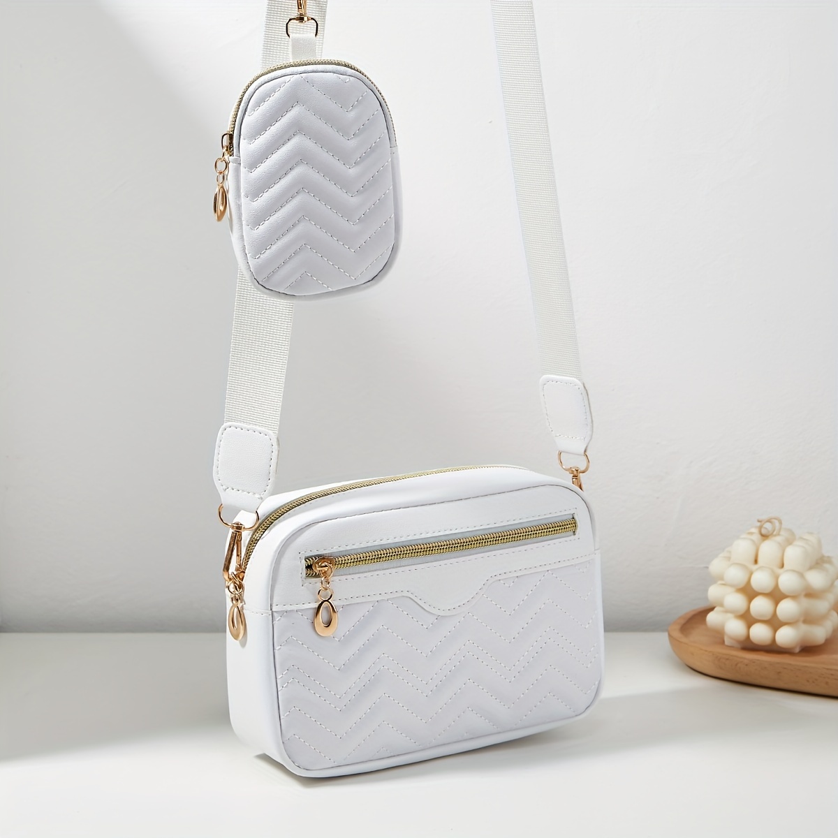 TEMU Solid Color Quilted Crossbody Bag With Zipper Compartments And Wide Strap, Small Square Shoulder Bag For Daily Use