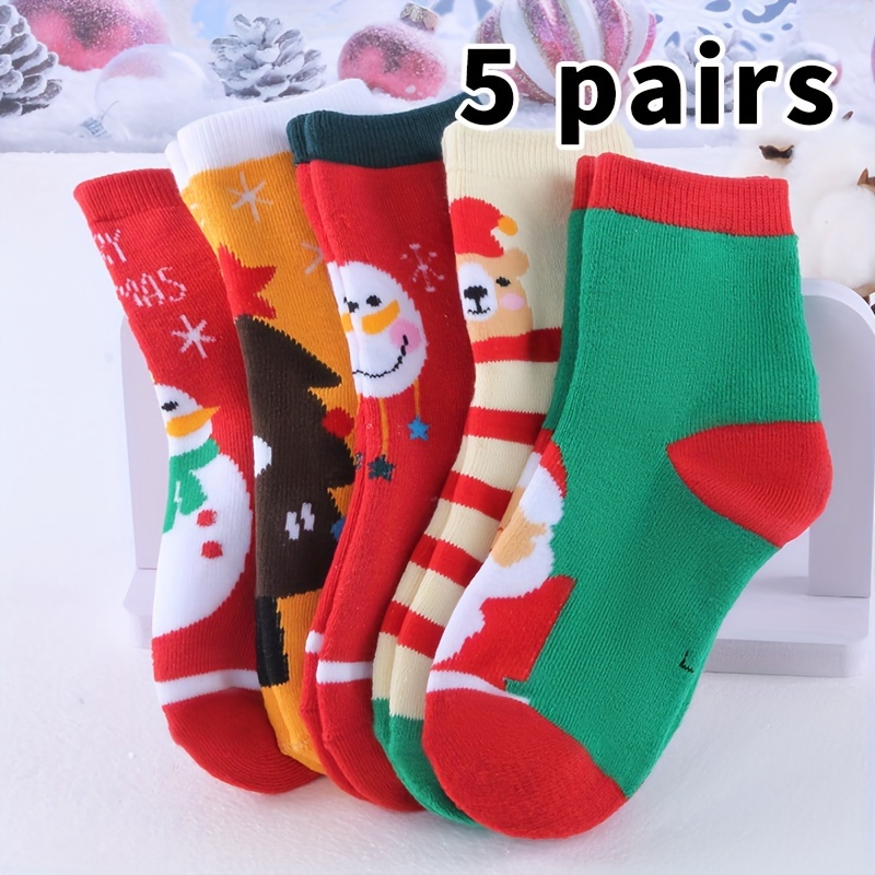 Image of 5 Pairs Cozy Kids' Winter Socks - Thick, Warm With Festive Christmas Designs, Mid-calf Length For