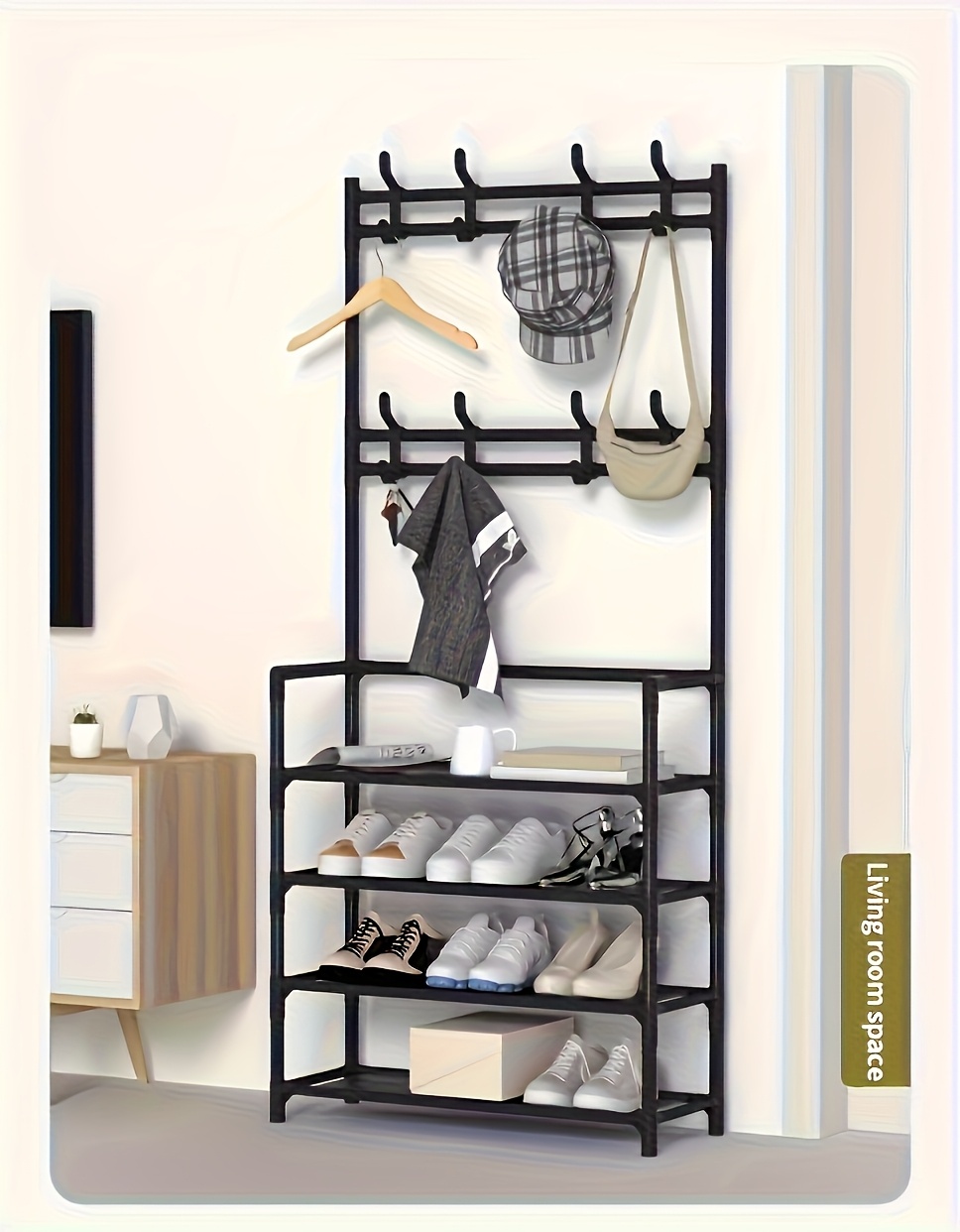 4-5 Tier Hallway Organizer with 8 Hooks - Space-Saving, Easy to Assemble, Durable Design for Entryways And Bedrooms, Minimalist Style - Black/White, Perfect for Entryway Storage, Freestanding Shoe Rack