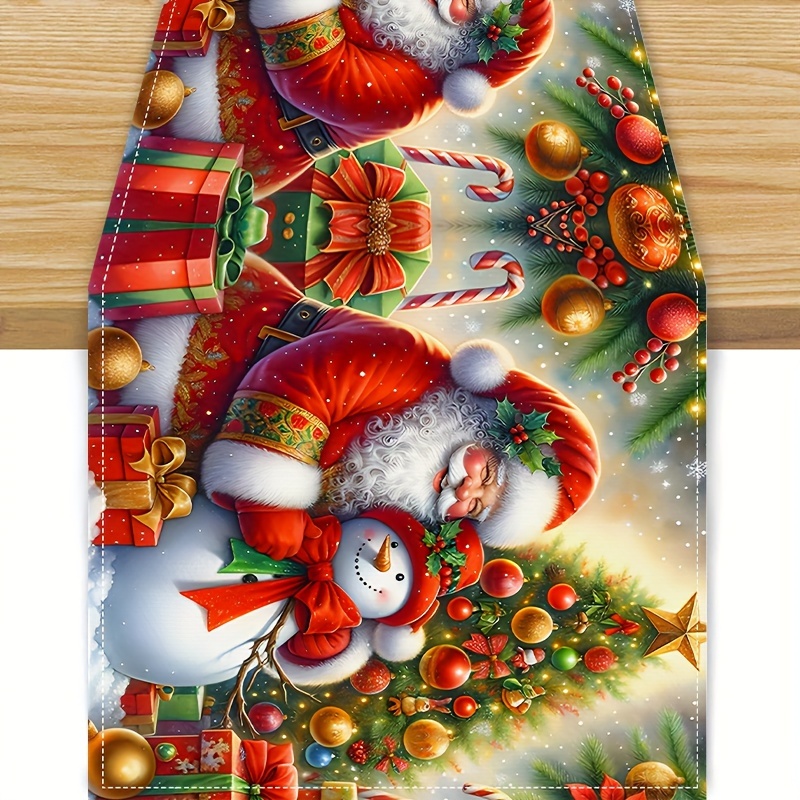 

Christmas Table Runner And Placemats Set - Santa Claus And Snowman Holiday Design, Woven Polyester Rectangular Decor For Kitchen And Dining, Perfect For Christmas Decorations And Party Supplies