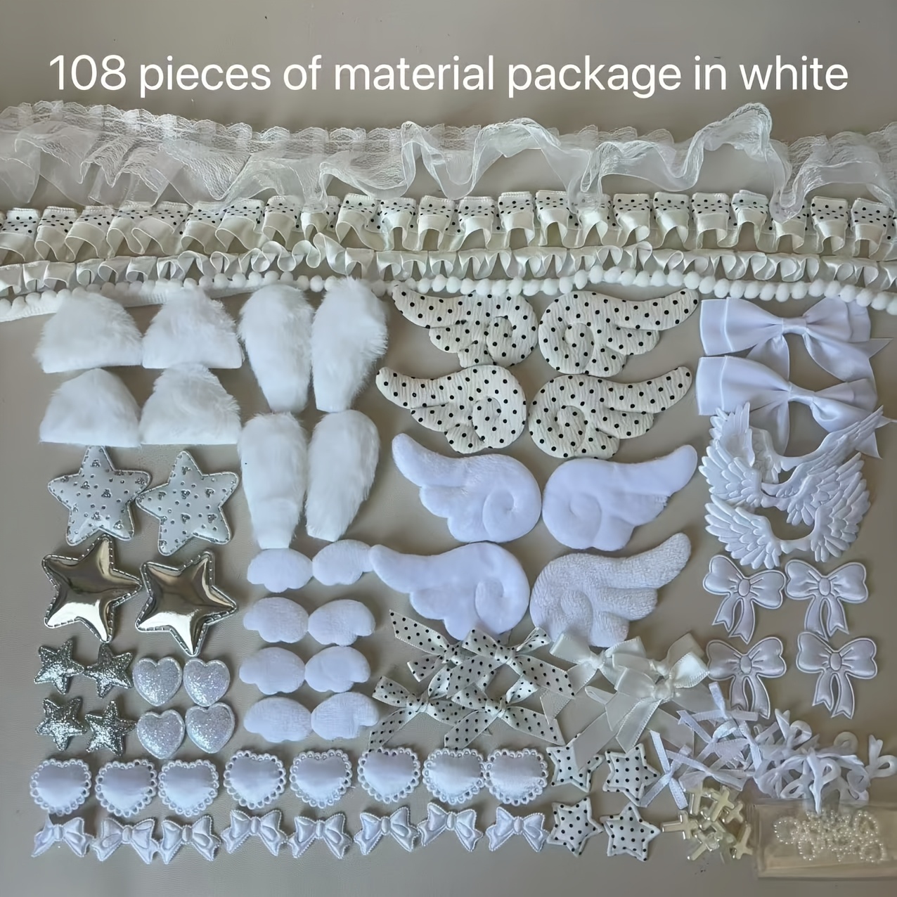 TEMU 108pcs Ribbon And Accessories Kit For Diy Crafting, Including Fabric Lace, Stars, Hearts, And Bows