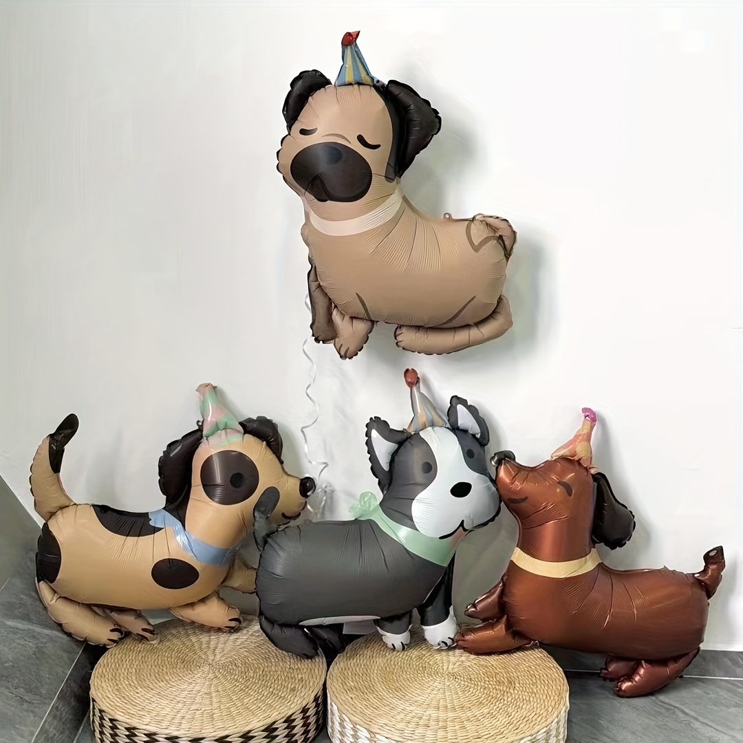 

4 Pcs Cartoon Dog Balloons With Party Hats, Including Husky And Pug - Birthday Party Decorations For Age 14+, Aluminum Mylar Material, Various Colors, No Electricity Required