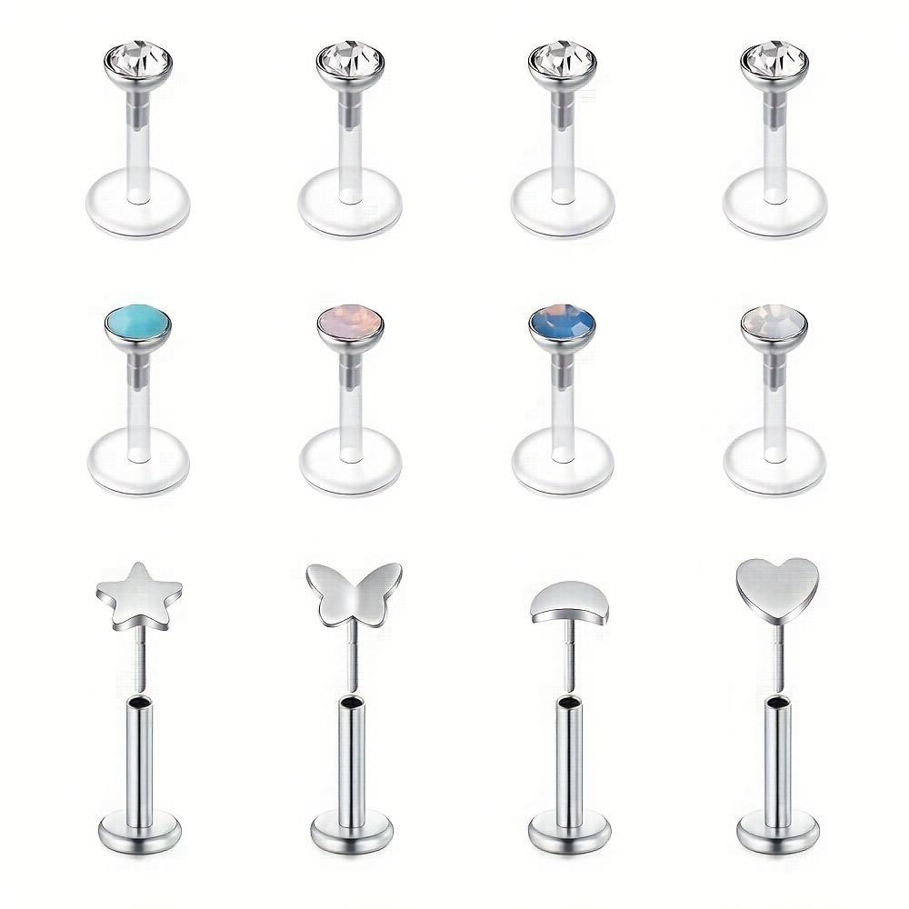 12pcs Flat Helix Tragus Piercing 16g 6mm Lip Studs, Heart Star Moon Style, Stainless Steel Ear Lip Piercing Jewellery For Women Girls, For Daily, Party