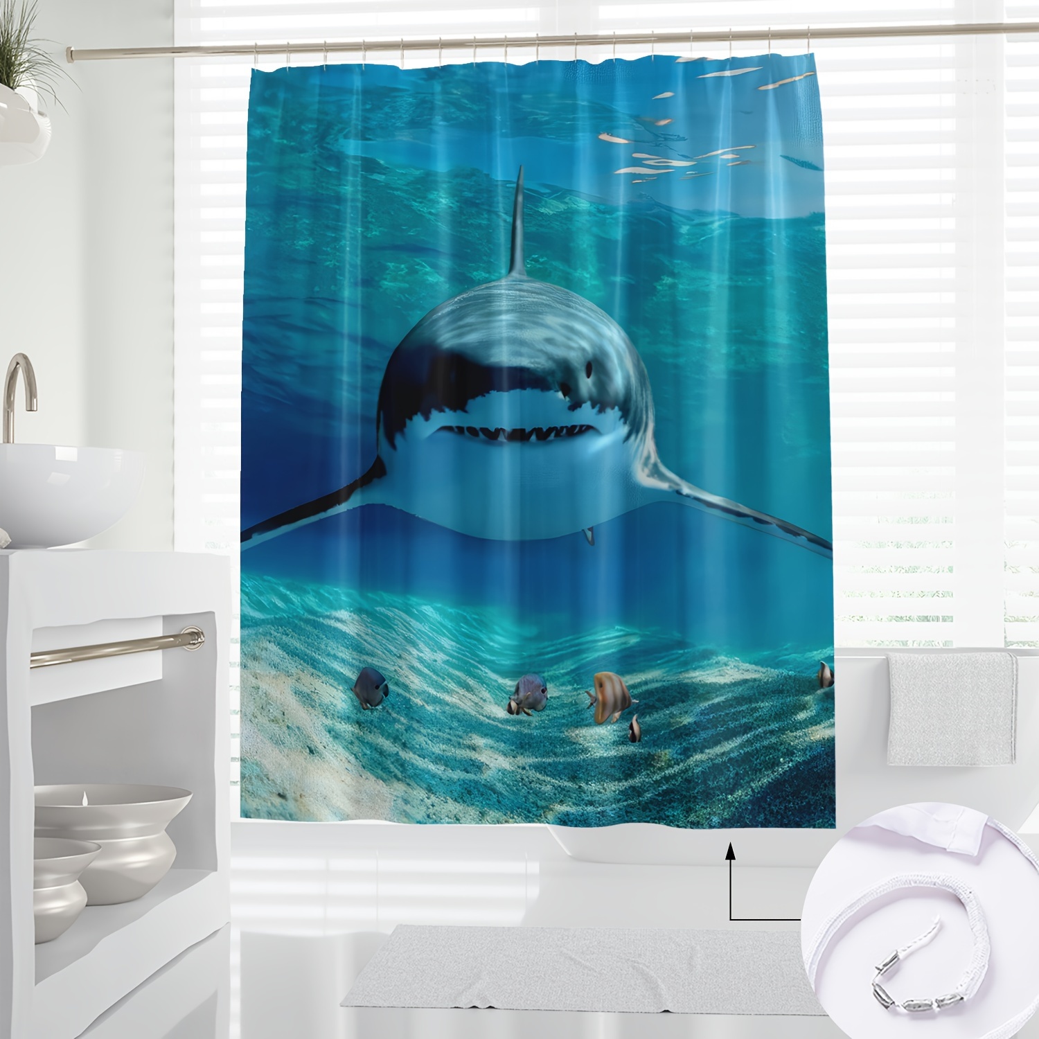 

Vibrant Blue Ocean Shark Scene - Waterproof Polyester Shower Curtain With Hooks, Machine Washable Bathroom Decor Mermaid Shower Curtain Ocean Bathroom Decor