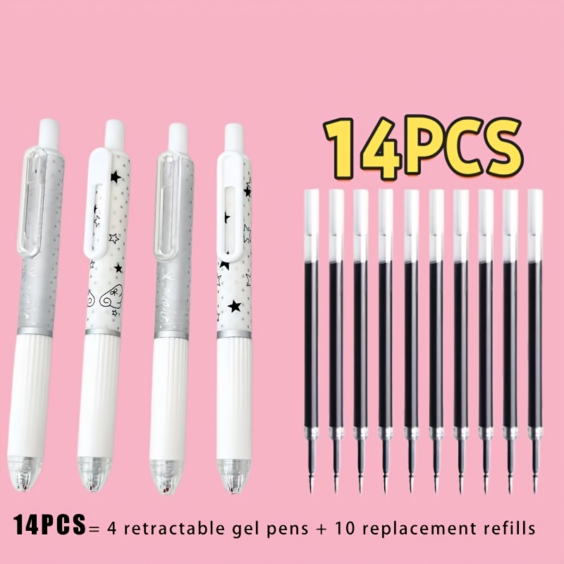 TEMU 14pcs Cute Star Polka Dot Click Pens Quick- Ink (includes: 4pcs Pens And 10pcs Refills) High Aesthetic Girly Heart Anti-drop Smooth Writing Test