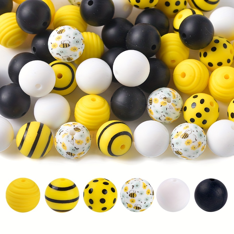 

55pcs Bee Themed Silicone Black White Yellow Stripes Spacer Beads For Jewelry Making Diy Beaded Necklace Bracelet Key Bag Chain Beaded Decors Accessories