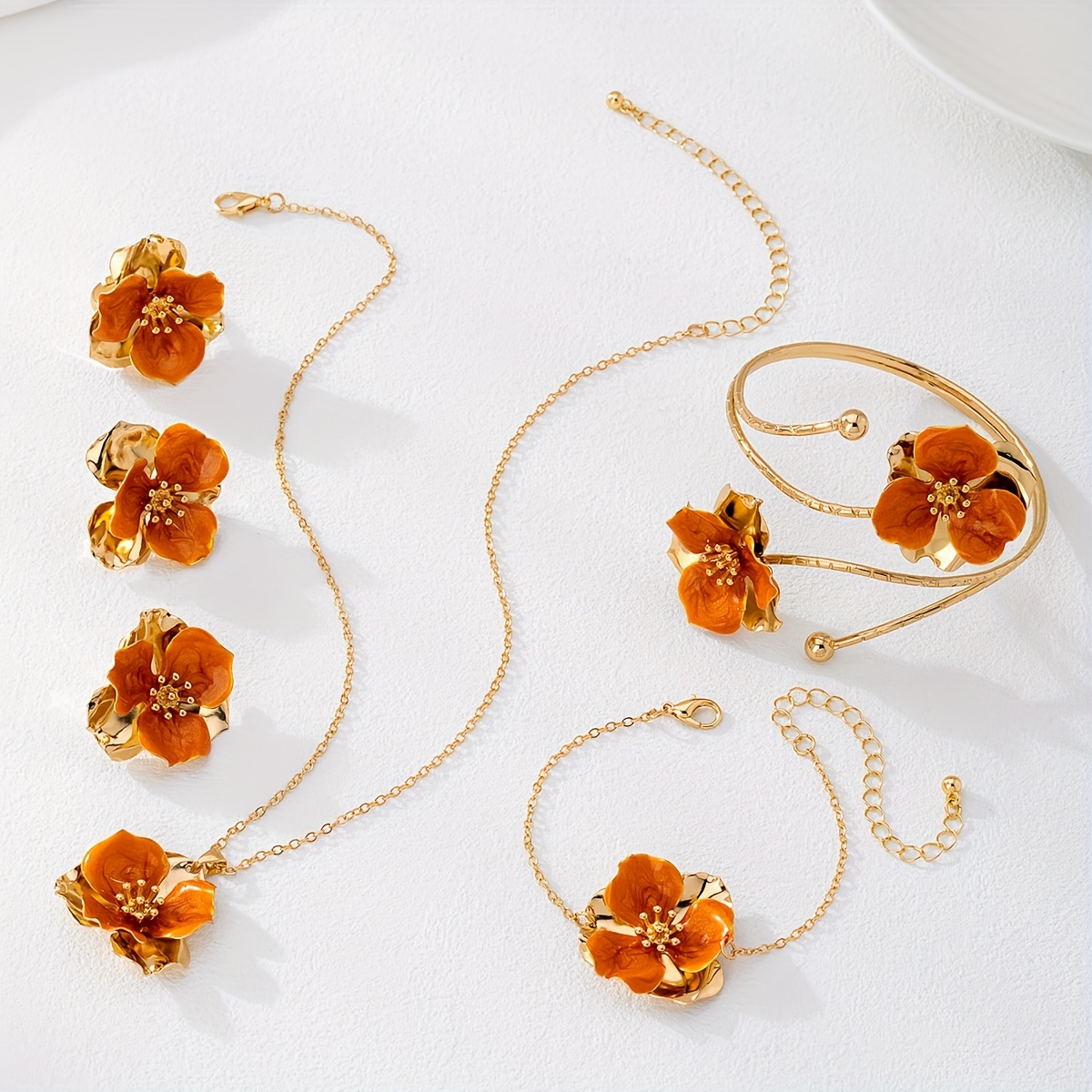 TEMU 6pcs Elegant Beautiful Orange Double Layer Flower Ear Studs Necklace Ring Women Jewelry Set For Dating And Vacation