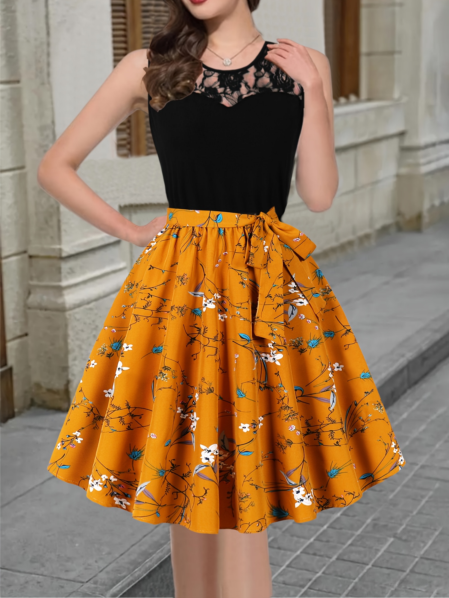 womens elegant summer dress black lace overlay floral print Temu