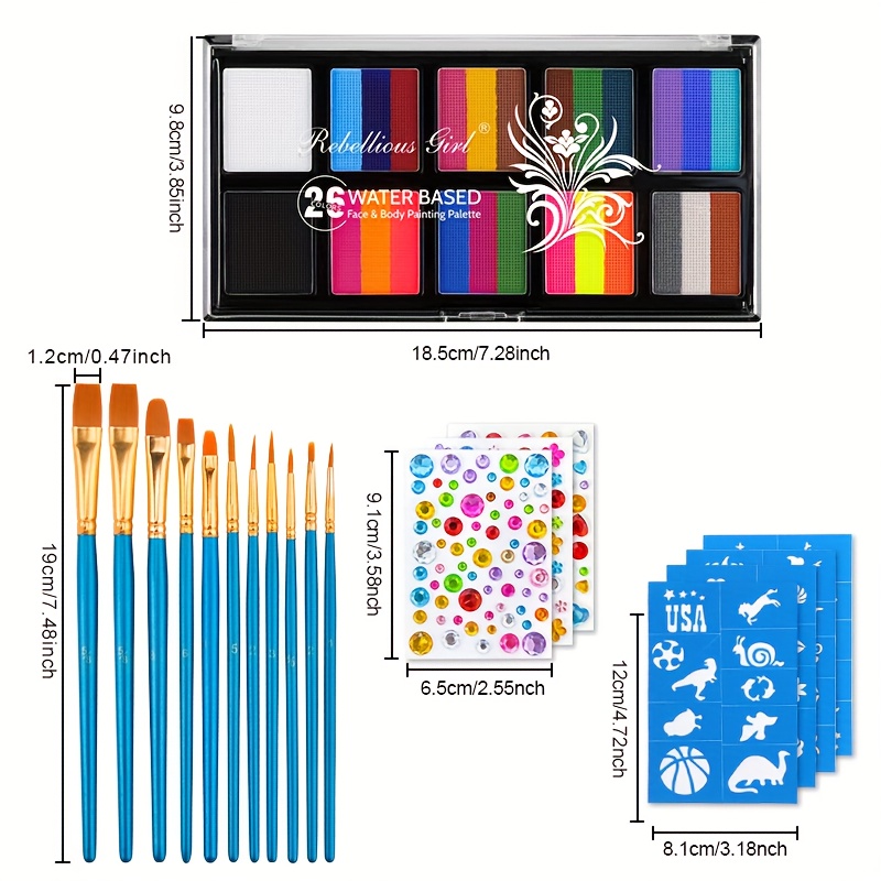   Painted Makeup Set 4pcs with 10 Grids Color Rainbow Bars 26 Colors Water-Based Painted Palette + 10 Blue Brushes + 4 Blue Stickers + 3 Diamond Stickers - Vibrant Painted Palette, Non-Toxic Water-Based Body Art Painting Set for Halloween, Festival, Party, Christmas