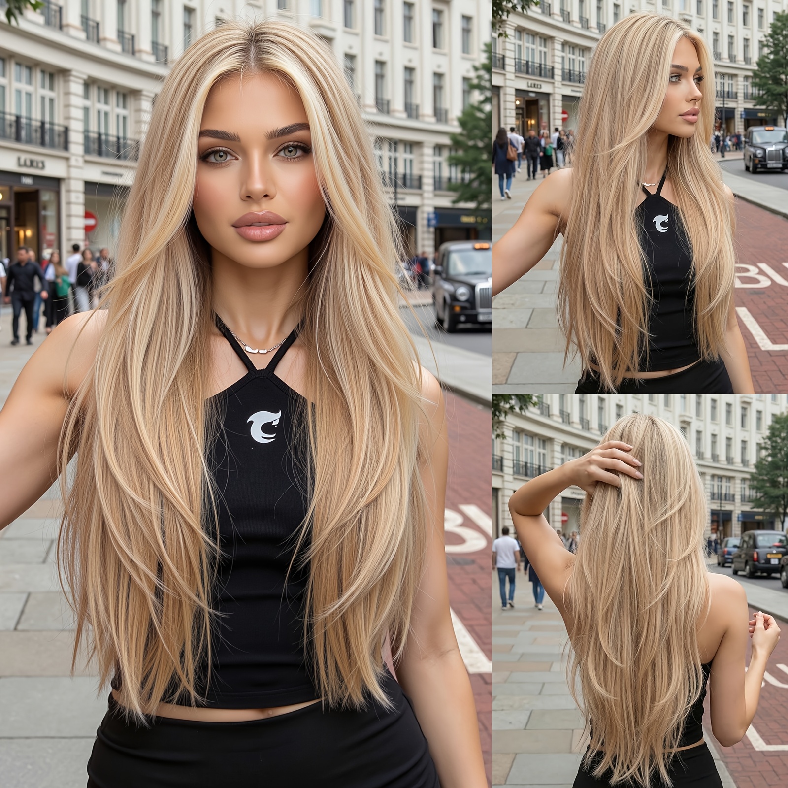 TEMU Peluca Coottro para mujer de 26" de largo, , dorada , adecuada para de piel - Postizo natural con raya al medio suelta, elástico, transpirable y