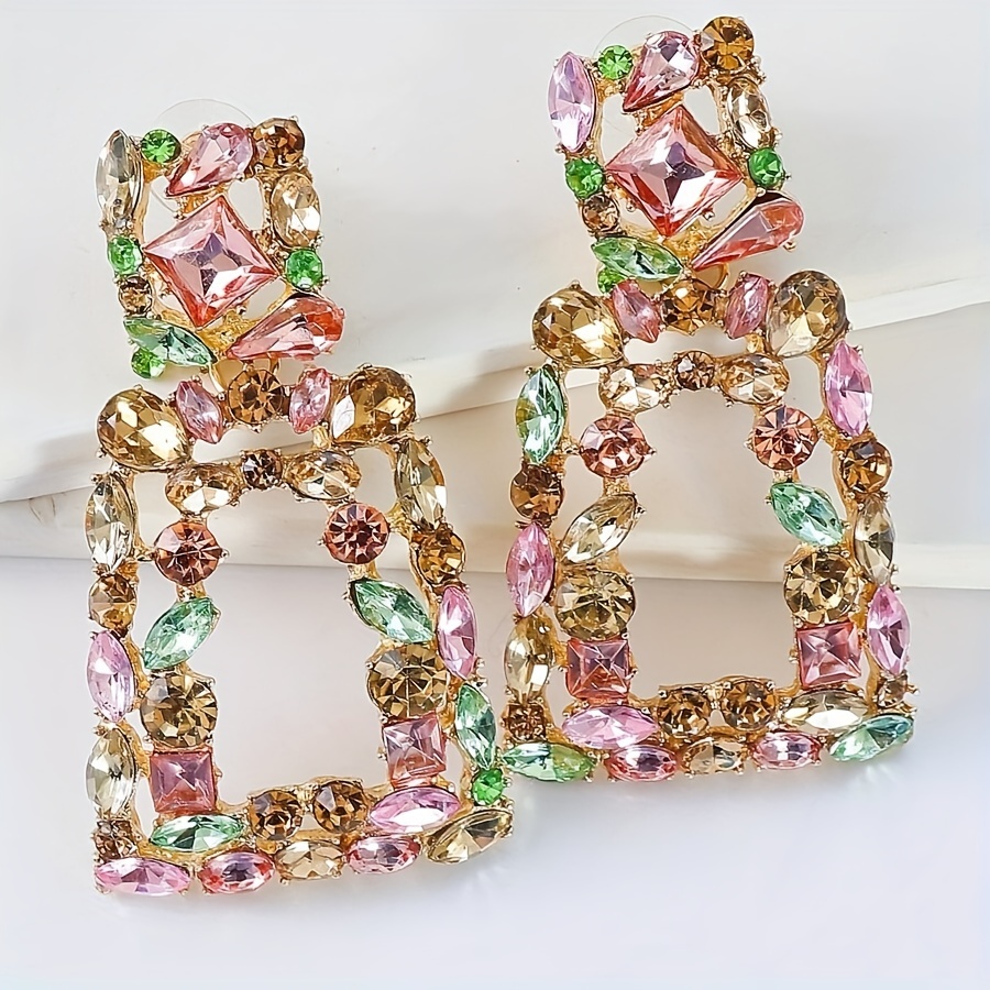 

Luxury Vintage Style Geometric Drop Earrings, Multicolor Rhinestone Dangle Earrings, Elegant Fashion Jewelry For Women