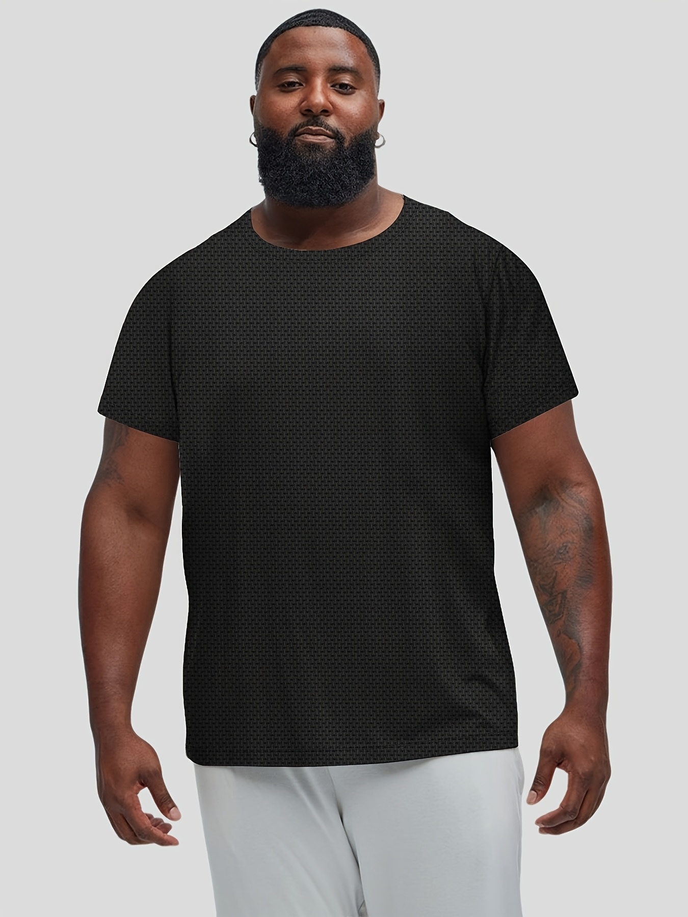 Plus Size Men's Casual Sport T-Shirt - Breathable Jacquard, Machine Washable, Regular Fit Round Neck for Spring Summer Fall Outdoor & Casual Attire, Casual Sportswear | Round Neck Top | Nontransparent Clothing, PLUS SIZE