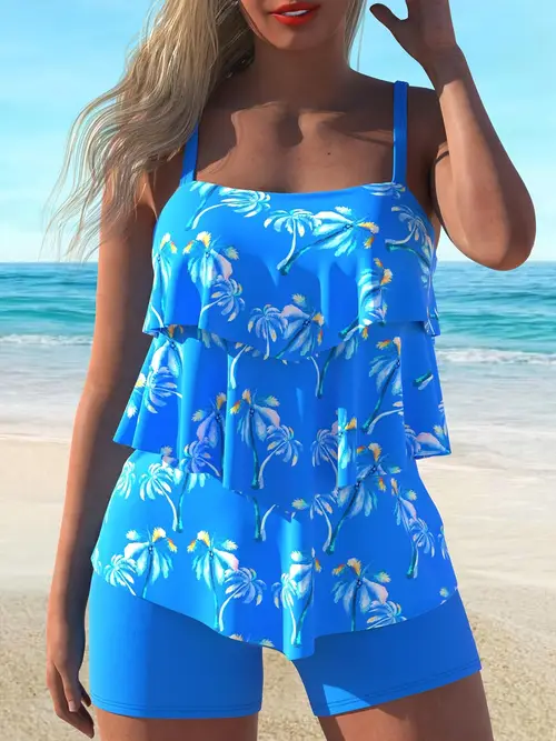 coconut trees print 2pcs set tankini ruffle hem boxer short bottom swimsuits womens swimwear clothing