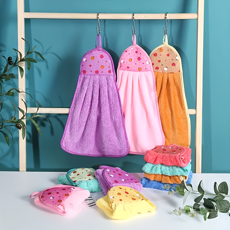 5pcs Quick-Dry Hanging Towels - Soft Absorbent Fruit Pattern Kitchen & Bath Towels with Hanging Loops, 5 Colorful Designs for Cleaning, Drying, Dishes, Hands - Space-Saving Decorative Cleaning Supplies, Quickdry Towels | Colorful Kitchen Decor | Functional Textile Design, Kitchen Towels