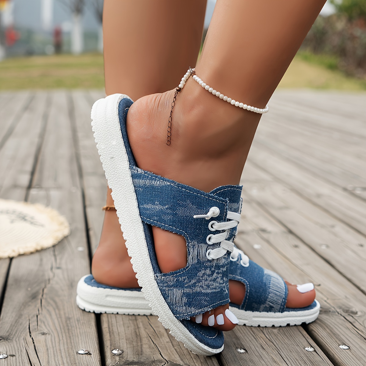 

Women's Denim Ripped Detail Slides, Open Toe Cut-out Lace Up Shoes, Casual Outdoor Summer Slide Sandals