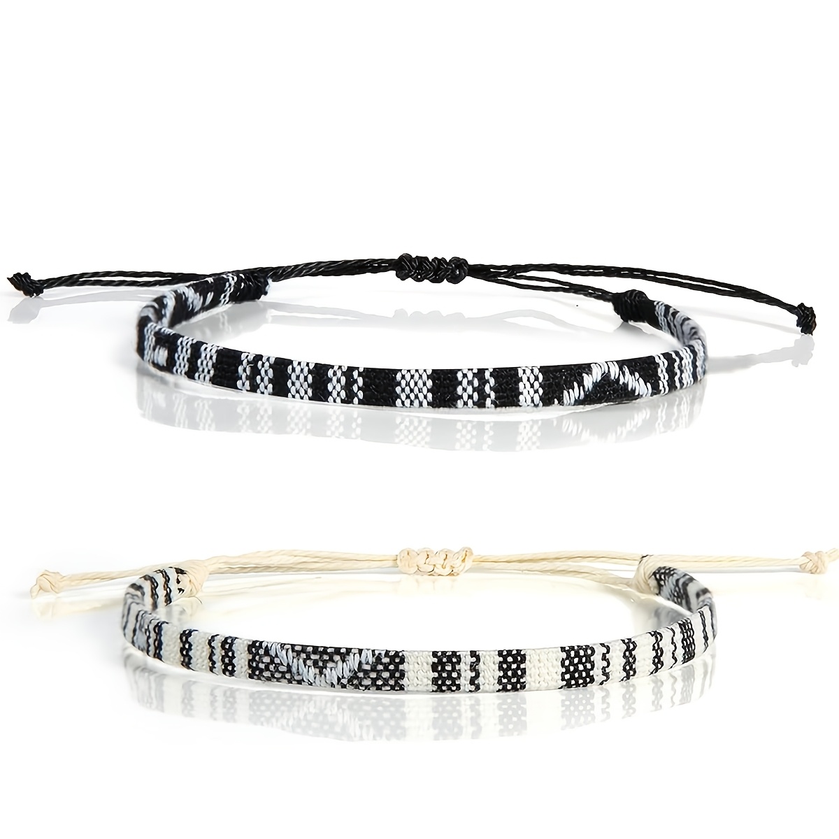 TEMU 2 Hand-woven Bohemian-style Surf Bracelets, Waterproof Beach Bracelets, Adjustable, Suitable For Boys, Black And White