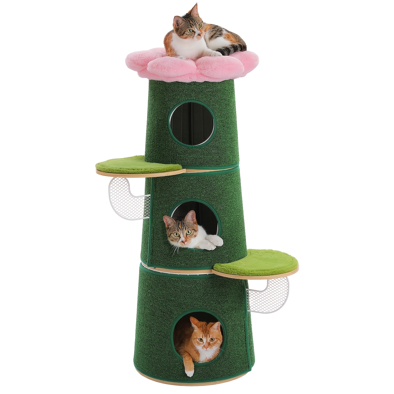 Road 112cm Modern Cat Tree Tower With 3 Condos, Flower Perch, Full-wrap Scratching Pad, Metal Frame Cat Furniture For Indoor Small And Medium Cats