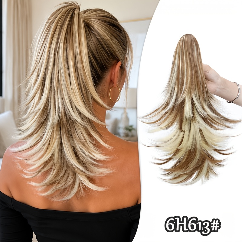 TEMU Extension de queue de cheval à pinces crantées et bouclées superposées – Pièce de cheveux synthétique, et volumineuse, style coupe avec mèches,