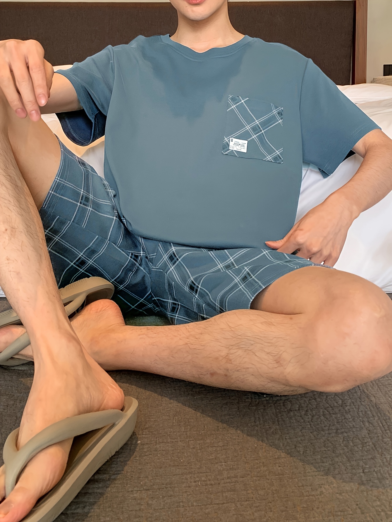 Men's Cotton Casual 2 Piece Pajama Set, Thin Short Sleeve Lounge Wear & Shorts, Fashionable Comfy Home Wear Set