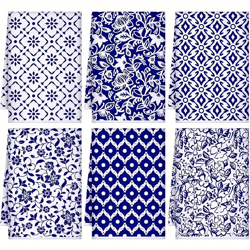TEMU Set Of 6 Oversized Kitchen Towels - Vintage Bohemian Style Dishcloths In Navy Blue With White Floral Patterns, Thick And Durable Cleaning Rags