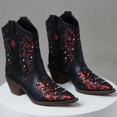 vintage western cowboy hollow out women ankle boots point toe chunky high heeled retro crystal womens short boots shoes