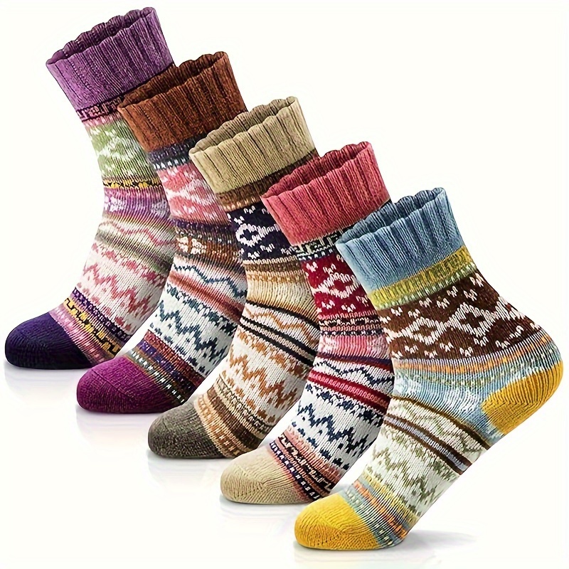 

5 Pairs Argyle & Striped Socks, Ethnic Style Thick Winter Warm Unisex Mid Tube Socks, Women's Stockings & Hosiery