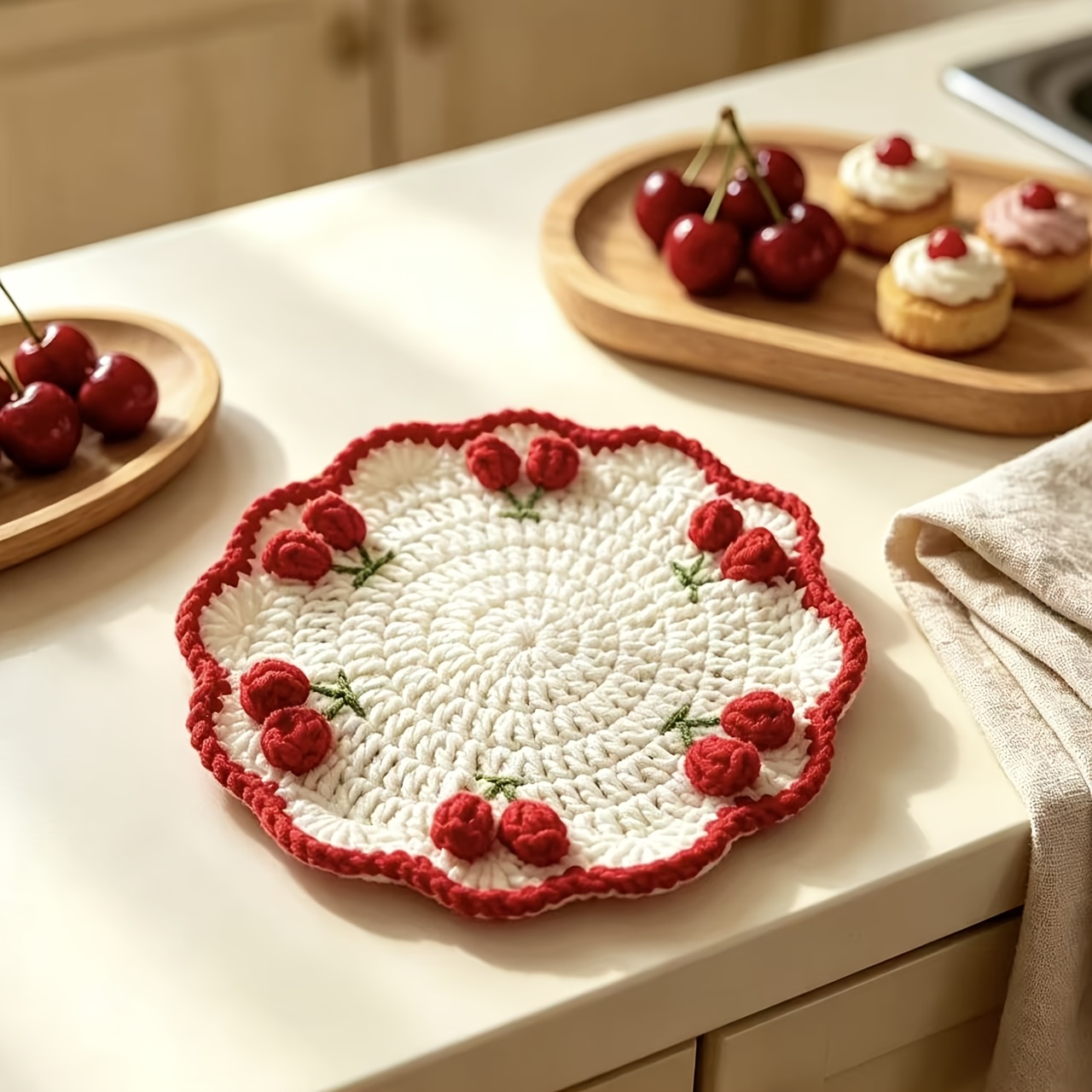 TEMU 3d Cherry Hand Crochet Coaster, Thickened Insulating Pad Mat, Retro Lace Non-slip Cup Mat Home Desktop Decoration Mat