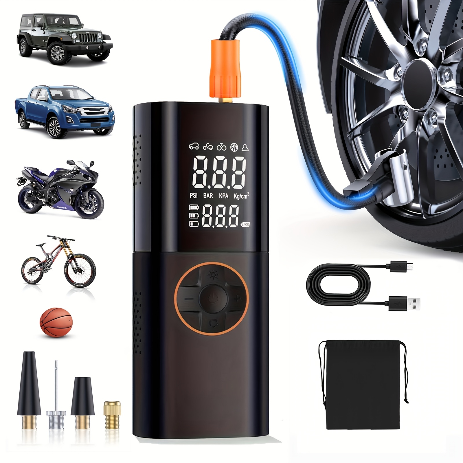 

Tire Inflator Portable Air Compressor, Rechargeable Air Pump For Car Tires, 150psi Portable Tire Inflator For Car, Cordless Bike Tire Pump With Pressure Gauge, Lcd Dual Screen, Motorcycle Pump