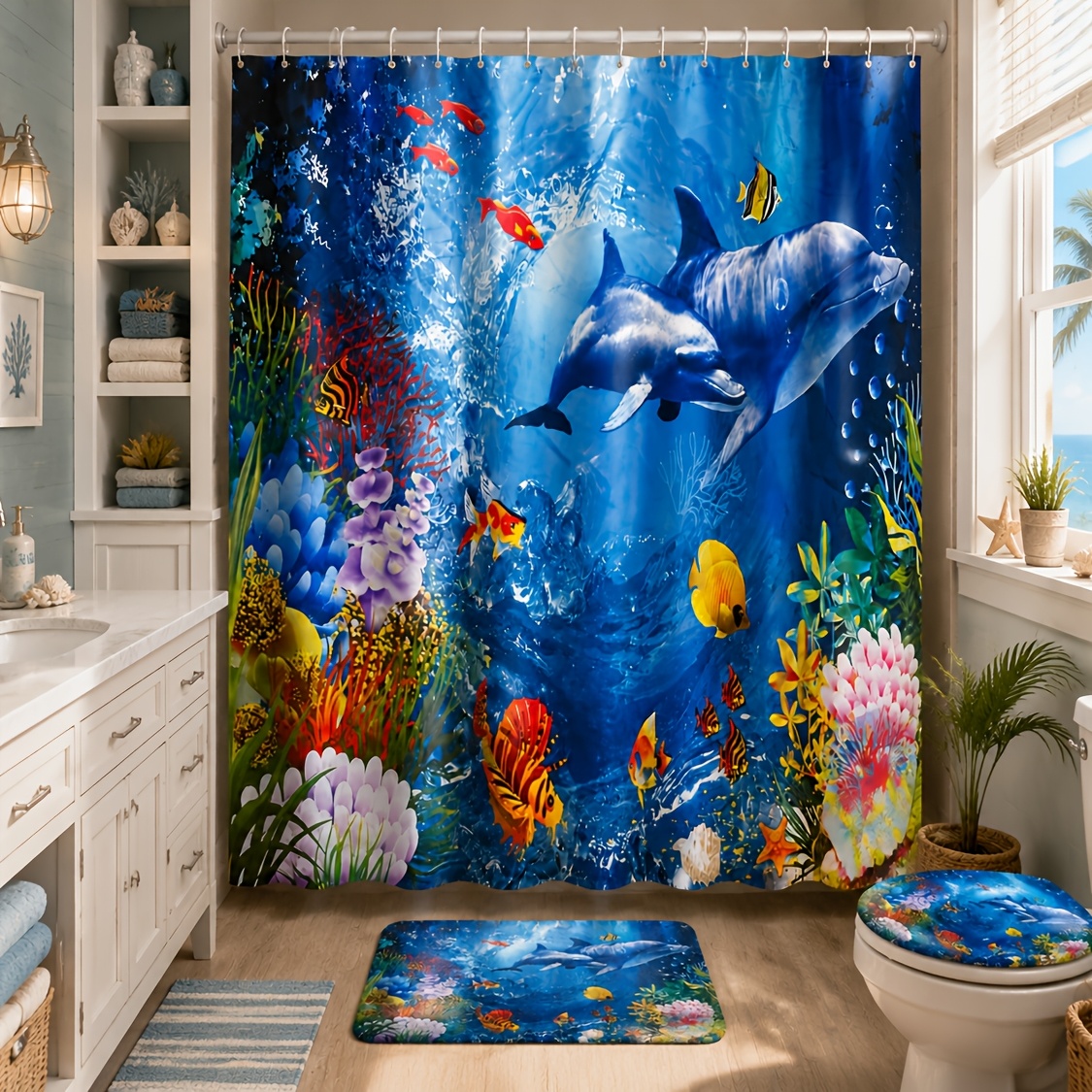 Under The Sea Dolphin Coral Pattern Shower Curtain with Hooks