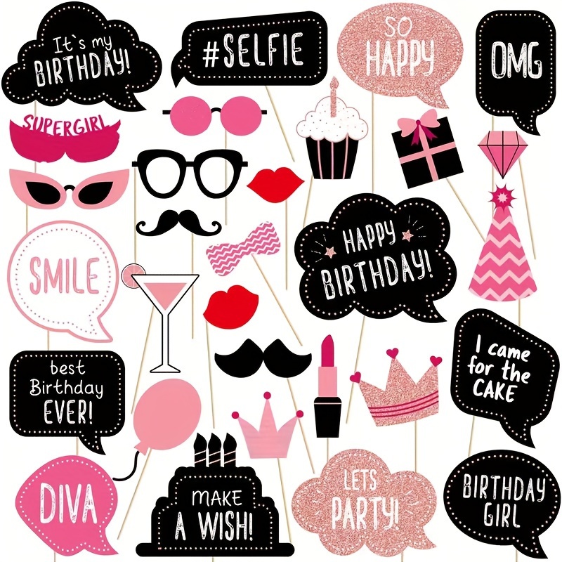 30pcs Birthday Photo Booth Props Set, Happy Birthday For Party Gift Supplies Birthday For Party Decoration Set, Glitter Cute Birthday Design, Cute Design For Party