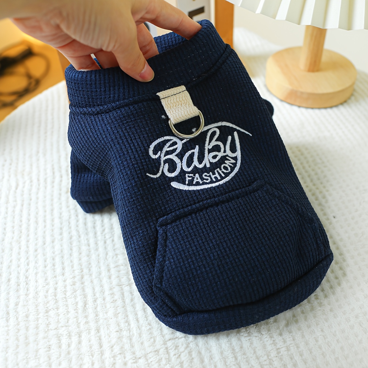 TEMU Style Pet Apparel Pullover Zipper Jacket, Waffle Knit Fabric With Lining, Zipper Closure, Built-in Leash Loop And Pockets, Letter Embroidery,