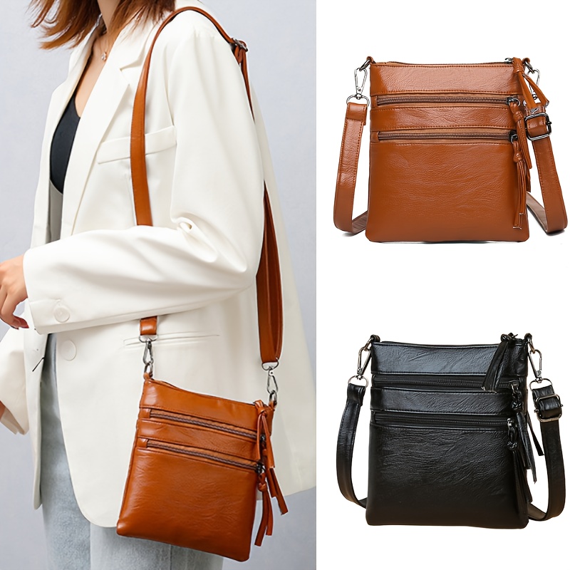 

Vintage Style Crossbody Bag For Women, Solid Color Sling Bag With Zipper Closure And Polyester Lining, Small Crossbody Bag