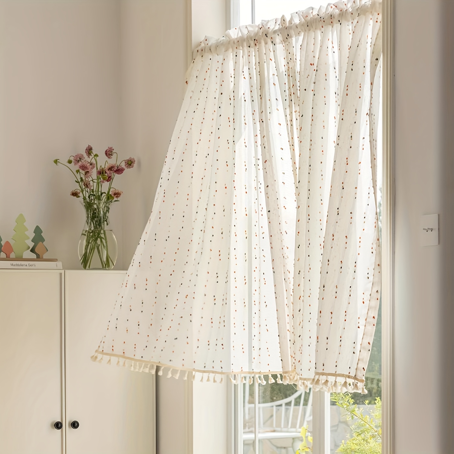 1 Panel Boho Pompom Sheer Valance Stripe Window Topper Curtain With Tassels Light Filtering Short Curtains Tier For Cafe_bathroom_kitchen Rod Pocket