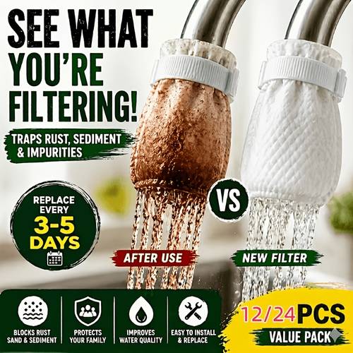 12 24 pack faucet water filter with mounting straps universal replacement filter cartridge for kitchen and bathroom high density non woven fabric sediment filter removes rust and impurities
