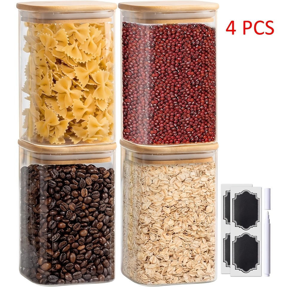TEMU 4pcs Glass Jars Set, 1200ml Square Pantry Jars With Bamboo Lids, Black Labels And , Food Storage Containers For Home, Kitchen And Pantry
