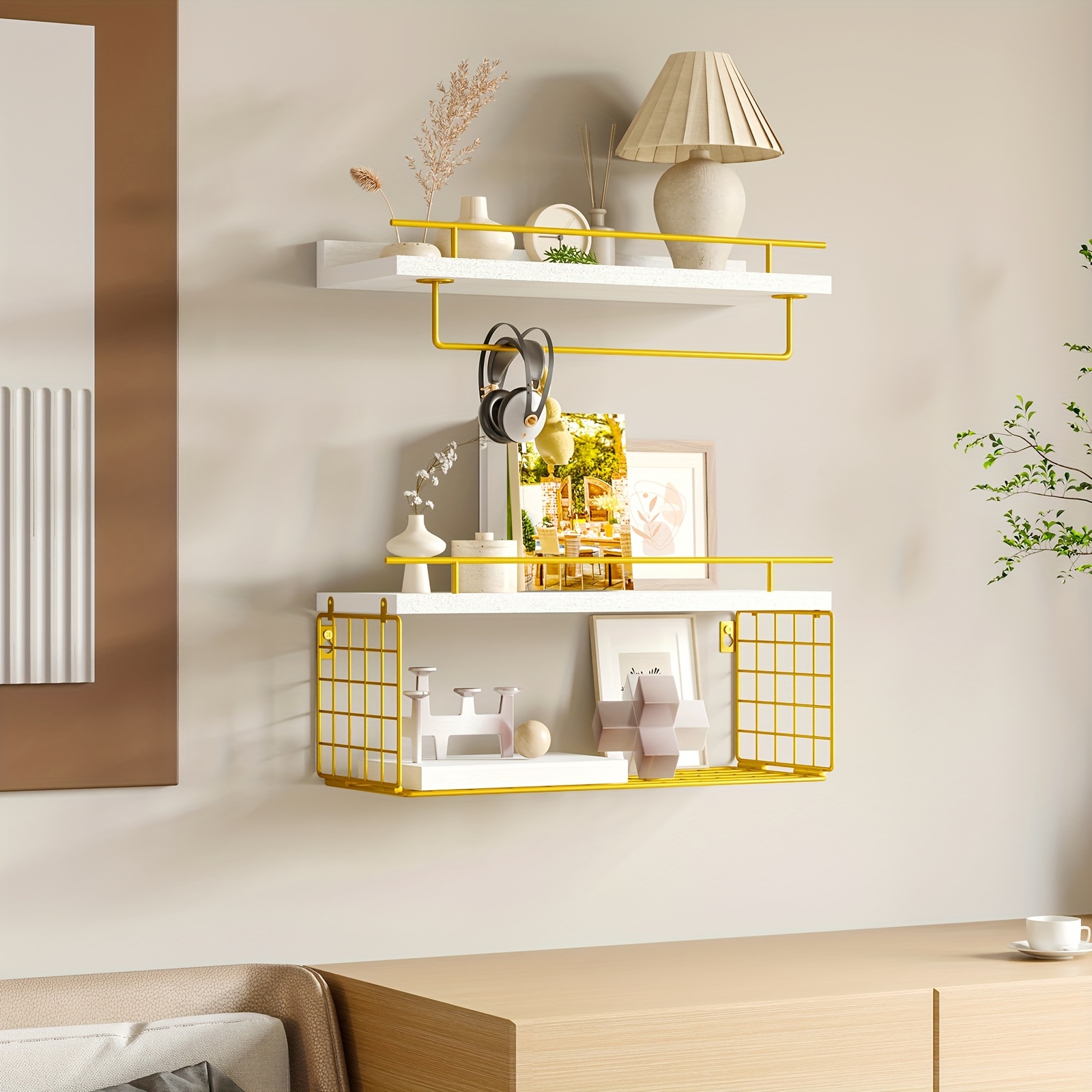 

3-shelves Floating Shelves, Bathroom Wall Decor With Storage Basket, Offer A Secure Storage Space For Bathroom Accessories, Shelves With Towel Rack For Bedroom (white & Gold)