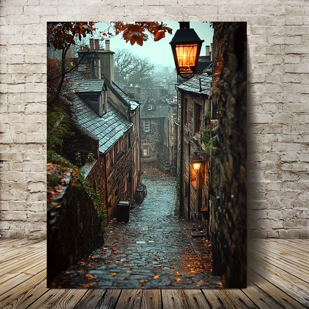 TEMU 2d Flat, 1pc Vintage Canvas Wall Art With Wooden Frame - Autumn Cobblestone , Fall Foliage & Stone Buildings Mural, Ready To Hang For Living