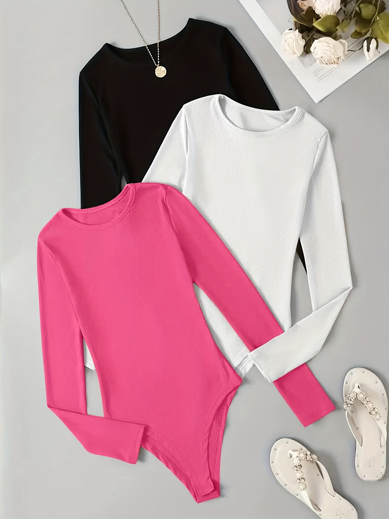 Solid Crew Neck Bodysuit Basic Long Sleeve - Temu