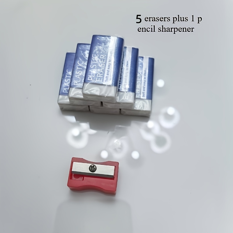 TEMU 6pcs Set: 5 Erasers With 1 Pencil Sharpener - Office Supplies, Student School Supplies, School Stationery, , Back-to-school Gifts, Educational