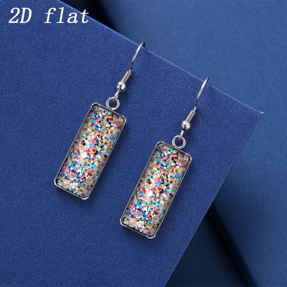 TEMU A Pair Ibrant Multicolor Glitter Time Gem Glass Drop Earrings Stylish Rectangular Design With Shiny Stainless Steel Hooks Backings, Sparkly