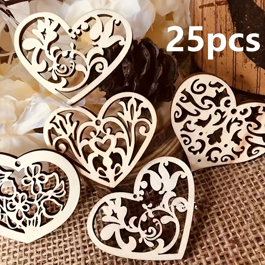 E-shop 25 Stück Holz Sortierte Hohle Liebesherzförmige Ornamente Holzspäne, Unbemalte Holz, Valentinstag Themen Holzdekorationen, Feiertags Ornamente