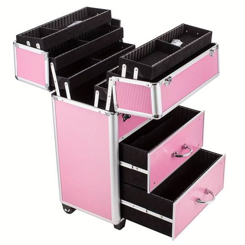 4 tier lockable cosmetic makeup train case with extendable trays pink