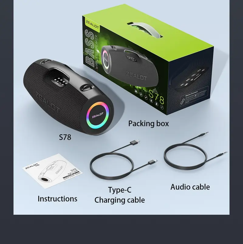 s78 100w portable wireless speaker with ipx5 high quality, 36h playtime, wireless 5.3, dual pairing, shoulder strap & usb-c charging - bass for , camping, beach, camping gear, stylish audio, construction, party hosts details 11