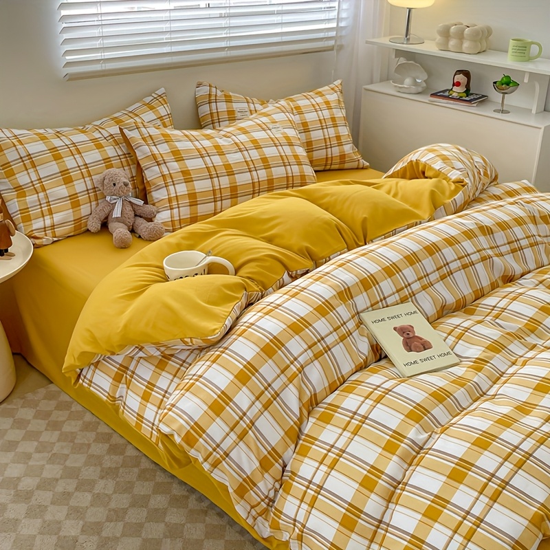 TEMU 4pcs Yellow Four-piece Set, (1*quilt Cover + 1*bed Sheet + 2*pillowcases, Excluding Quilt Core), Retro Literary Style Couple Bedroom Decoration,