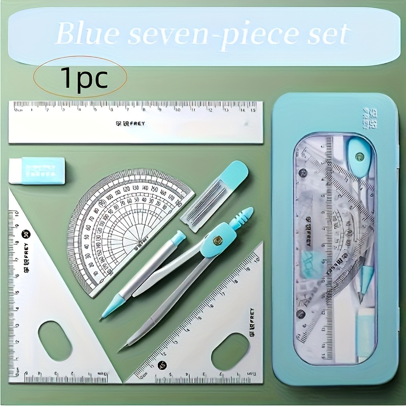 7pcs Geometric Math Drawing Tool Set, Including Eraser, Protractor, Triangle Ruler, Compass And Right Angle Square - Perfect Gift