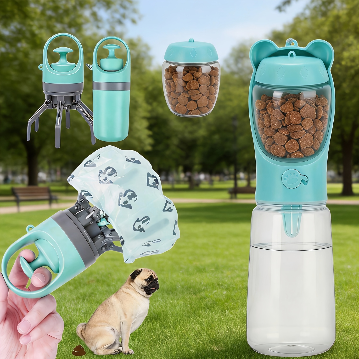 TEMU Dog Waste Picker With A Food Container Water Bottle, Portable Paw-shaped Scoop, Tool, Lightweight Built-in Trash Bag Dispenser, Suitable For