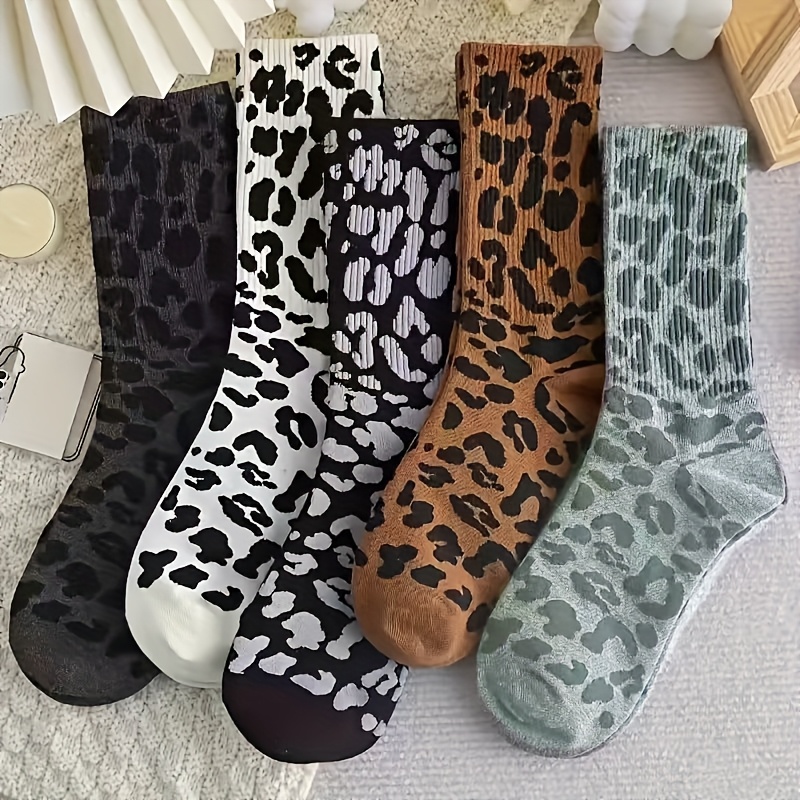 TEMU Lot de 5 paires de chaussettes à imprimé léopard - Taille haute , mélange de extensible pour le confort